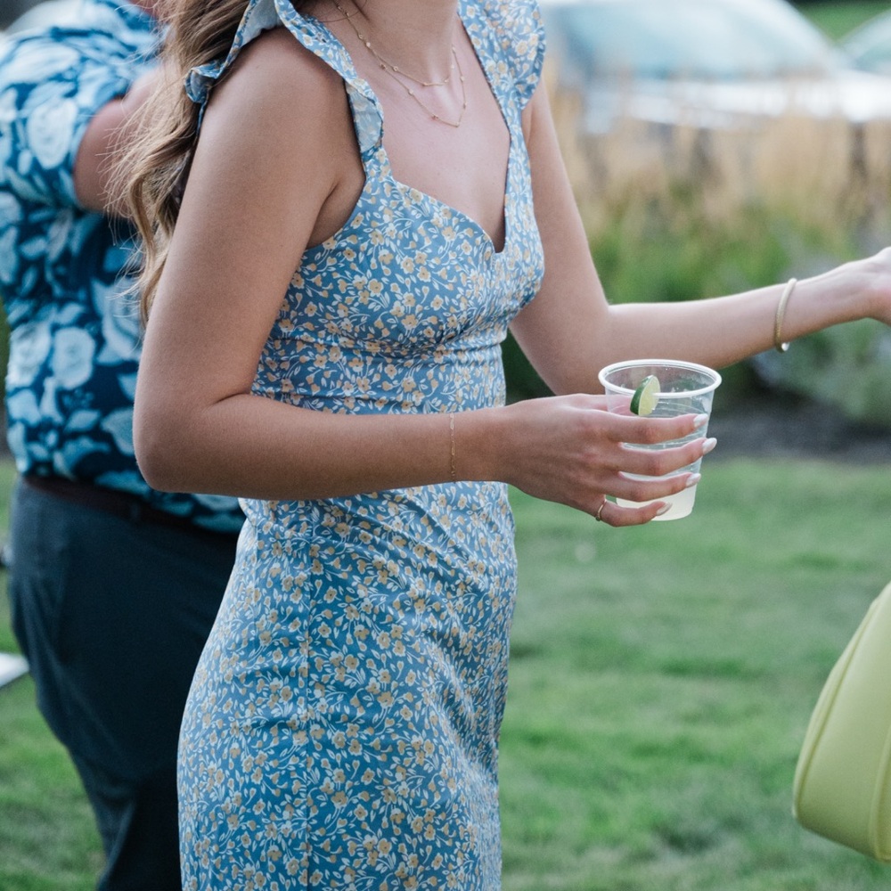 Floral Ruffle Midi Dress — Blue & Yellow Print